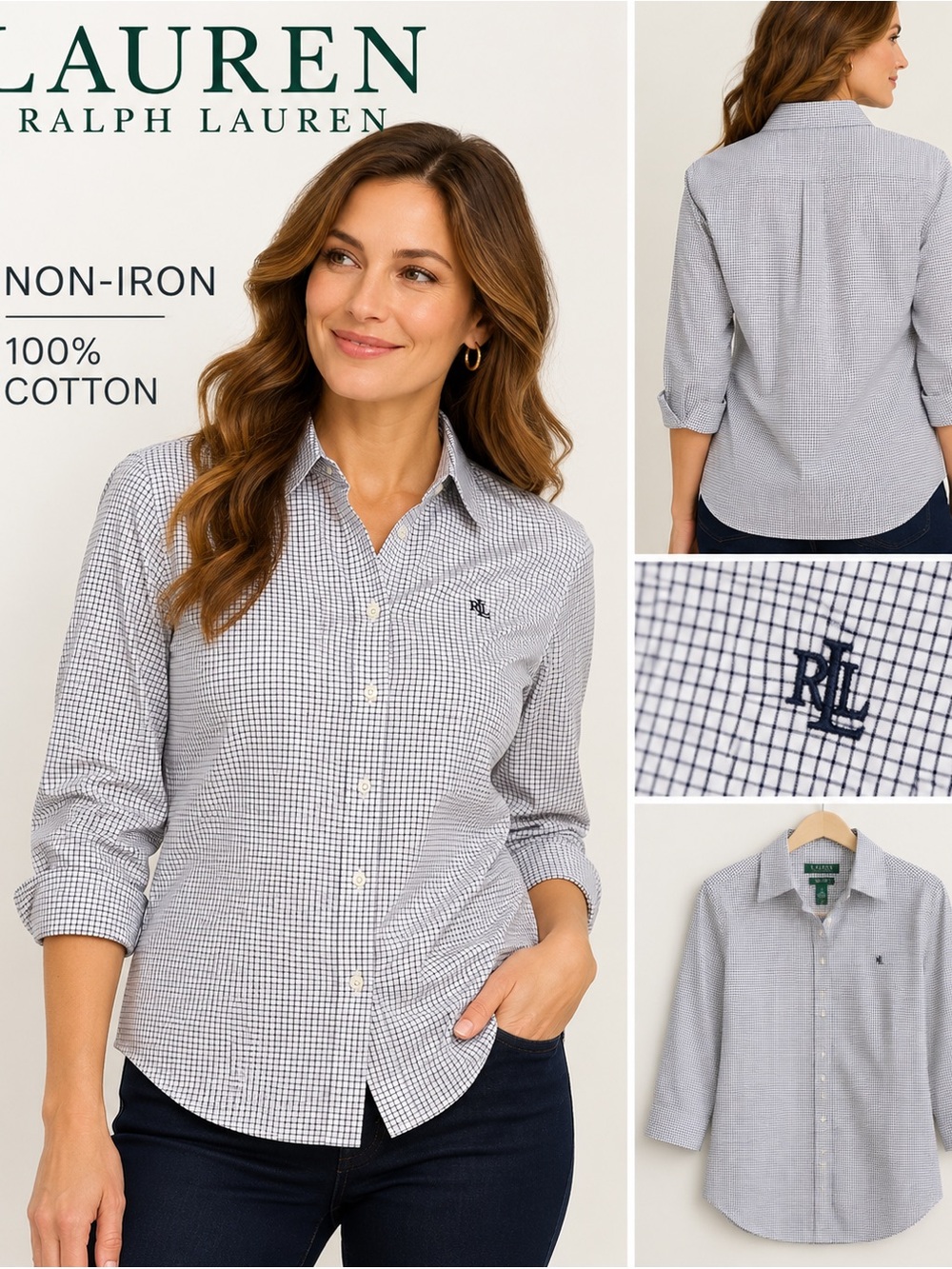 Lauren Ralph Lauren Non-Iron Button Down Shirt L Micro Check 100% Cotton